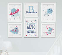 Quadro Infantil Quarto Bebê Menino Astronauta Kit 6 Peças