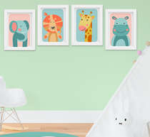 Quadro Decorativo Infantil Bebê Menino Safari Leão Girafa Elefante Kit 4 Peças