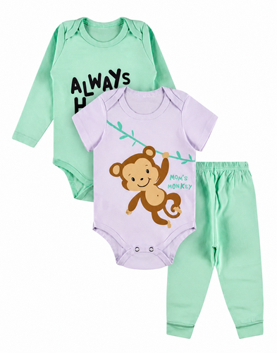 Kit 3 Peças Roupa De Bebe Menino Body E Calça Mijão Algodão Macaquinho