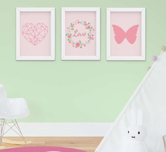 Kit Quadro Infantil Bebê Menina Floral Borboleta Coração 3 Peças