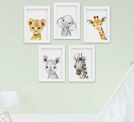Kit Quadro Infantil Bebê Menino Menina Safari Aquarela 5 Peças