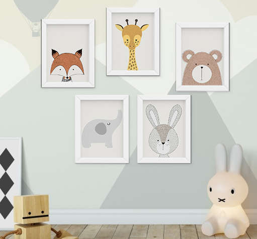 Quadro Bebê Infantil Escandinavo Raposa Girafa Coelho Urso Kit 5 Peças
