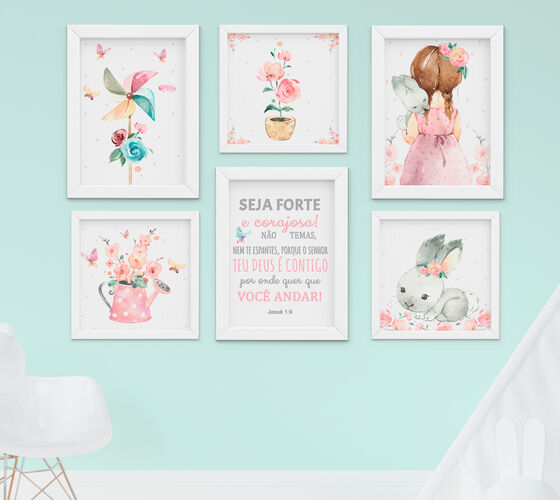 Quadro Bebê Menina Aquarela Jardim Flores Coelho Kit 6 Peças