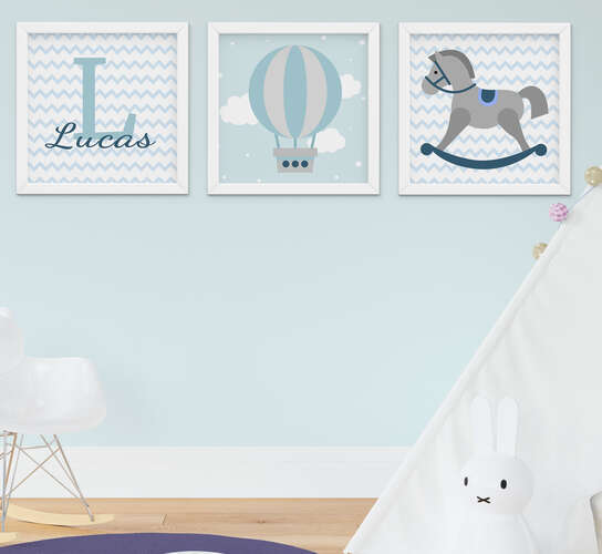 Quadro Bebê Menino Cavalinho Balão Nome Personalizado Kit 3 Peças