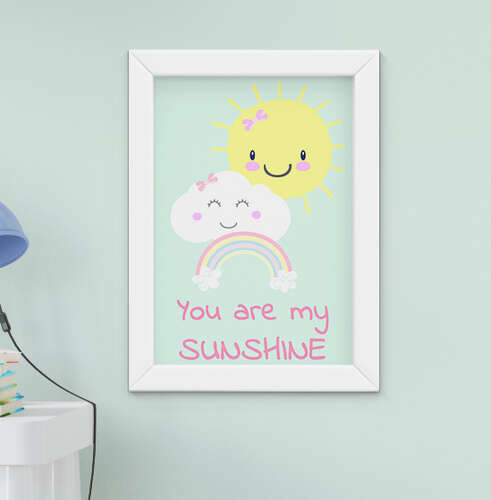 Quadro Infantil Frase You Are My Sunshine  Menina Nuvem Arco-Íris Sol 