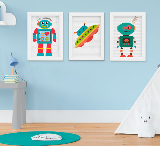 Quadro Decorativo Infantil Bebê Menino Robô e Nave Kit 3 Peças