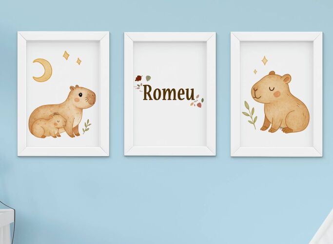 Quadro Decorativo Infantil Capivara Menino Nome Kit 3 Peças