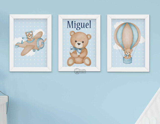 Quadro Decorativo Infantil Menino Urso Aviador Azul Bebê Kit 3 Peças