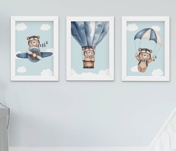 Quadro Decorativo Infantil Menino Urso Aviador Kit 3 Peças