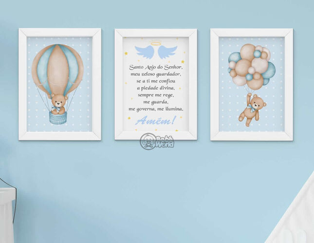 Quadro Decorativo Infantil Ursinho Balão Oração Santo Anjo