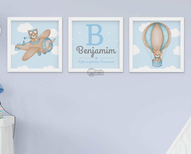 Quadro Decorativo Menino Urso Avião Balão Nome Personalizado
