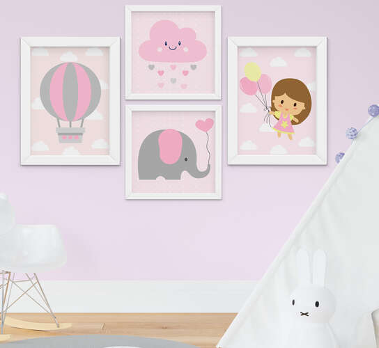 Quadro Infantil Bebê Menina Elefante Nuvem Balão Kit 4 Peças