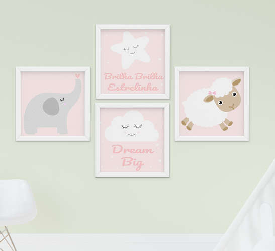 Kit Quadro Infantil Bebê Menina Elefantinho Ovelhinha Nuvem Estrela 4 Peças 