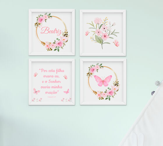 Quadro Infantil Bebê Menina Floral Borboletas Kit 4 Peças 