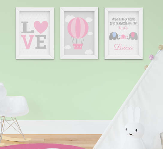 Quadro Infantil Bebê Menina Love Elefante Antes Tínhamos Um ao Outro 3 Peças