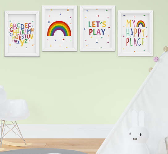 Quadro Infantil Bebê Menino Menina Alfabeto Arco-íris Kit 4 Peças
