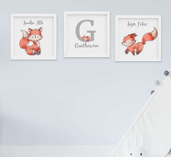 Quadro Infantil Bebê Menino Raposa Nome Aquarela Kit 3 Peças