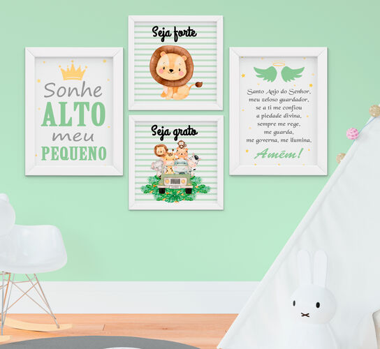 Quadro Infantil Bebê Menino Safari Sonhe Alto Santo Anjo Kit 4 Peças