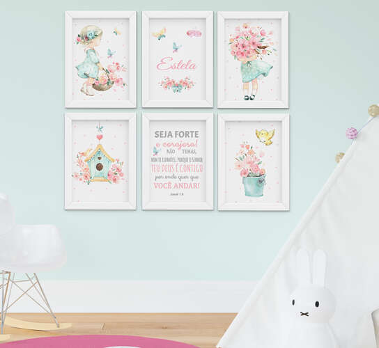 Quadro Infantil Menina Aquarela Jardim Flores Kit 6 Peças