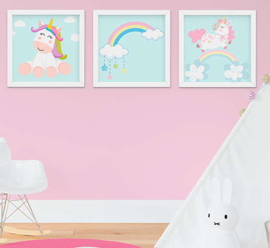 Kit Quadro Infantil Bebê Menina Unicórnio e Arco-íris 3 Peças