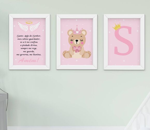 Quadro Infantil Menina Ursinha Coroa Princesa  Nome Santo Anjo