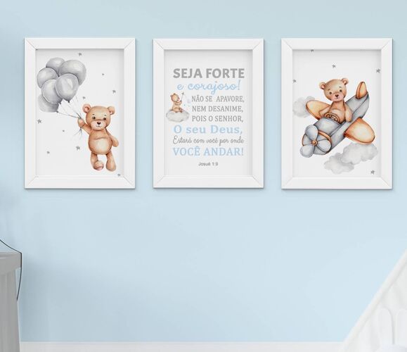 Quadro Infantil Menino Ursinho Aviador Aquarela Seja Forte e Corajoso