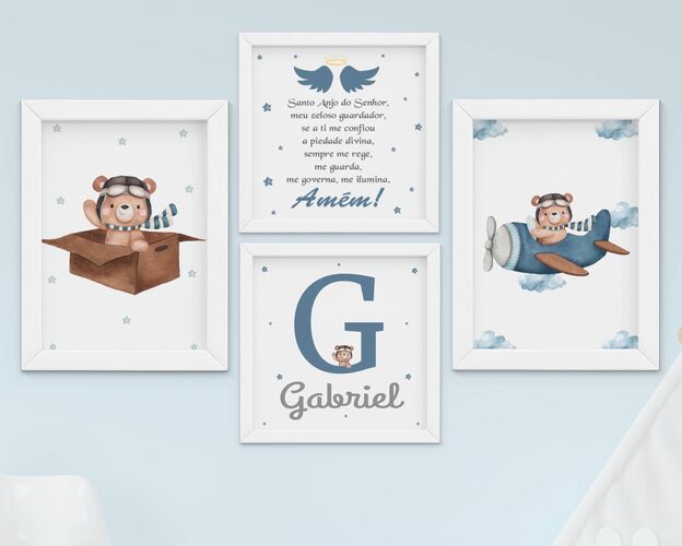 Quadro Infantil Menino Ursinho Aviador Santo Anjo Nome Personalizado