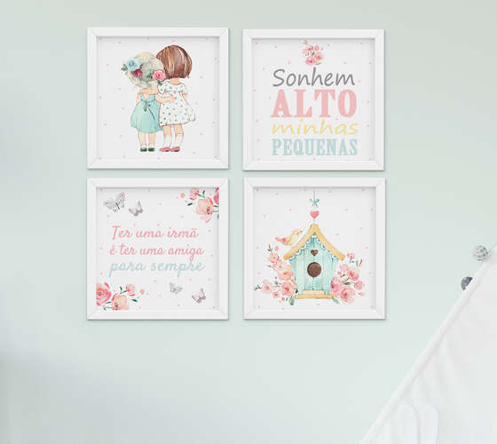 Quadro Infantil Quarto Bebê Menina Irmãs Flores Aquarela  Kit 4 Peças 