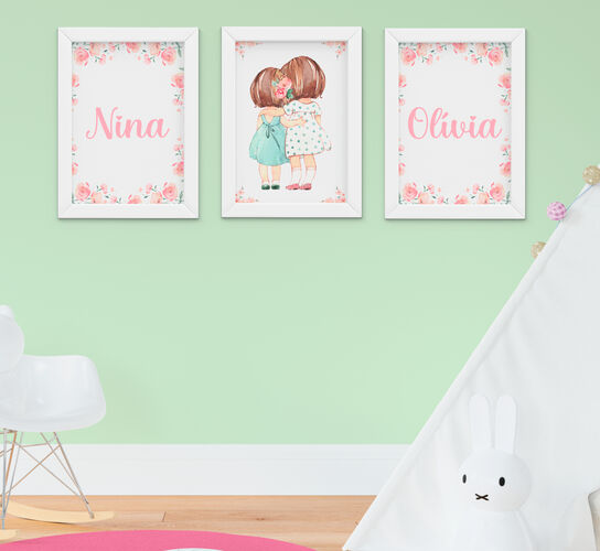 Quadro Infantil Quarto Bebê Menina Irmãs Nome Flores Kit 3 Peças 