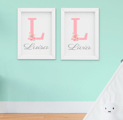 Quadro Infantil Quarto Bebê Nome Menina Irmãs Flores Kit 2 Peças 